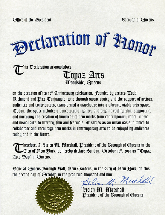 Topaz Arts Receives Declaration of Honor
